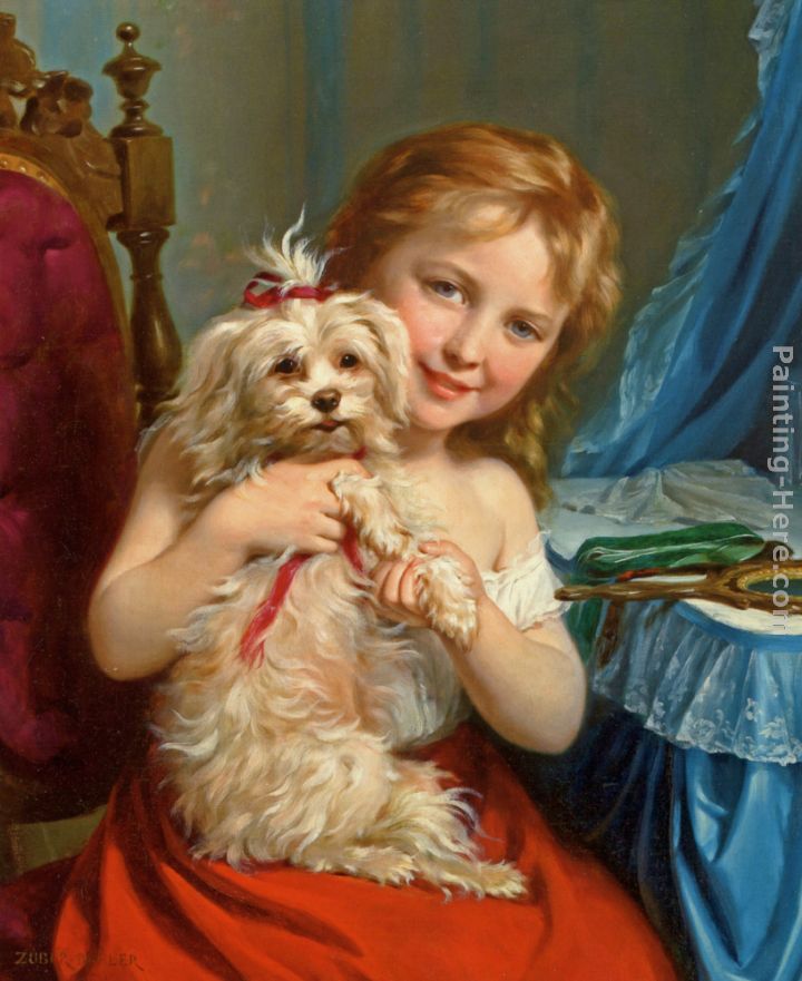 Young Girl with Bichon Frise painting - Fritz Zuber-Buhler Young Girl with Bichon Frise art painting
